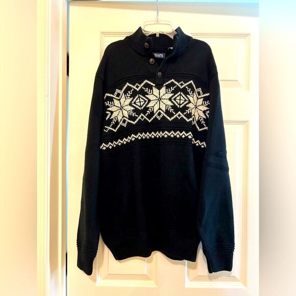 Chaps Men's Black and White Cotton Blend Snowflake Sweater Size L - Picture 1 of 7